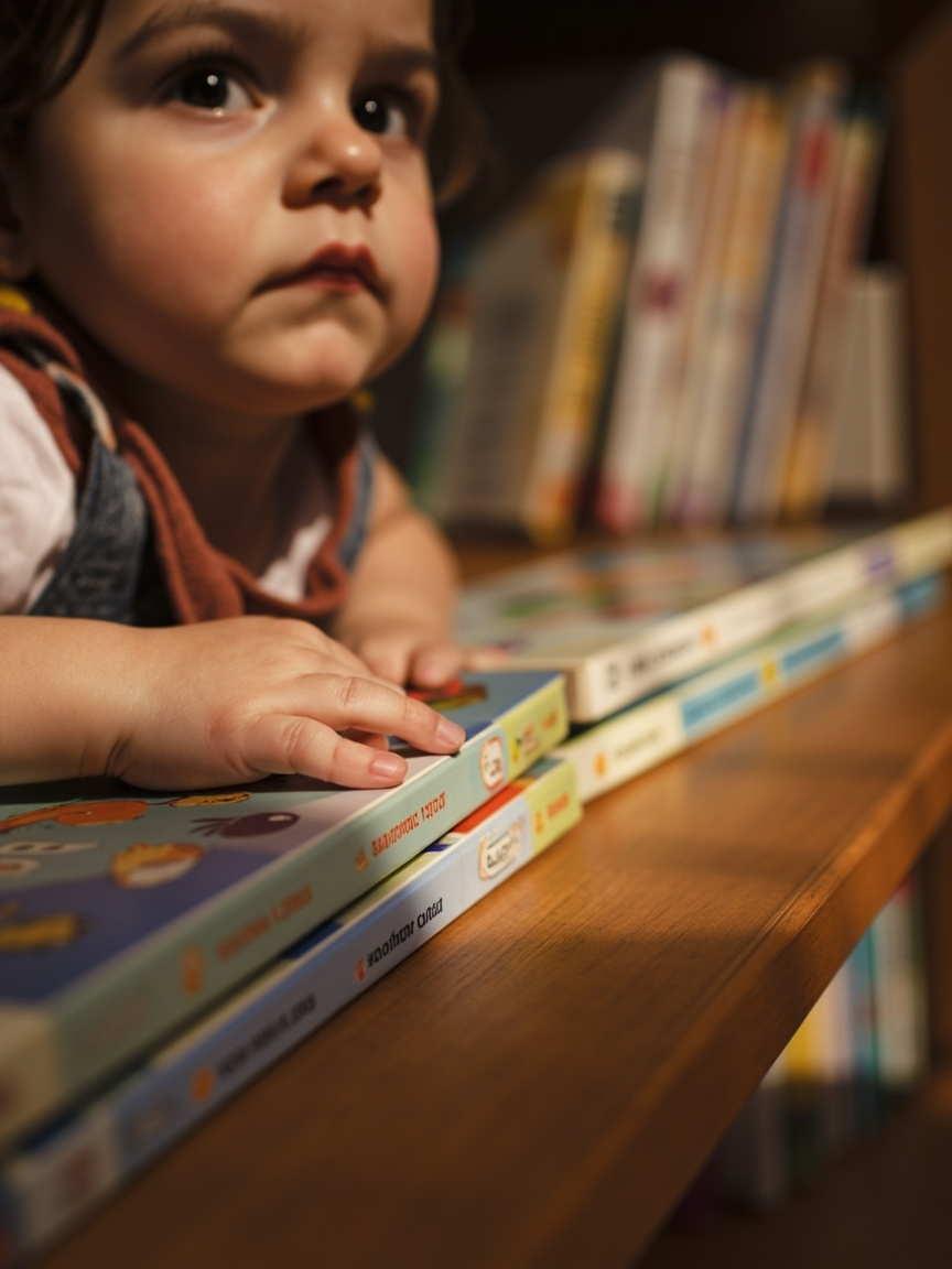 Children's books on a warm wooden shelf