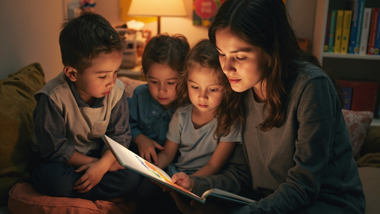 A small group of primary school children reading together