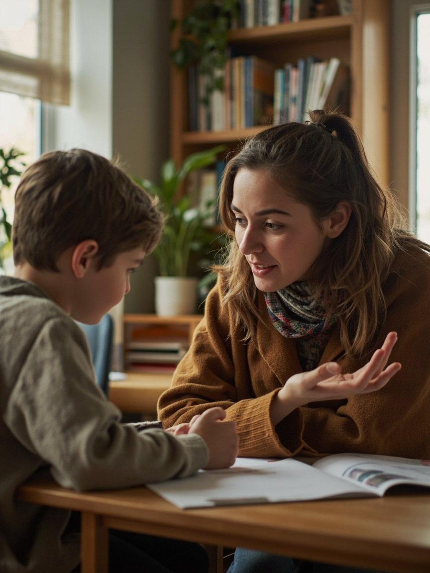 Tutor working patiently with a primary school student
